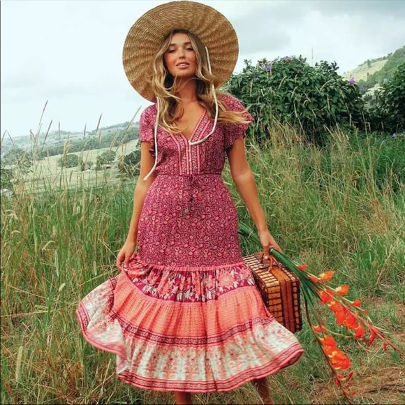Dresses & Skirts - Boho Floral Gypsy Stripe Print Maxi Dress Maroon